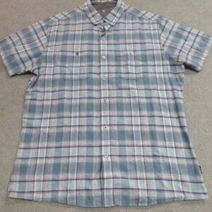 Kuhl Skorpio Shirt Large Blue Gray Plaid Short Sleeve Linen Blend